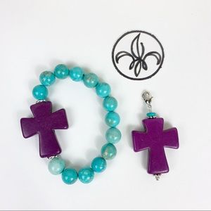 Purple Howlite Cross Turquoise Beaded Stretch Bracelet and Pendant Set